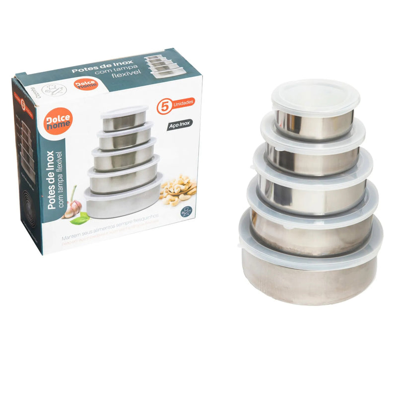 Kit 5 Potes De Inox Com Tampa Plástica Tigelas Organizadoras