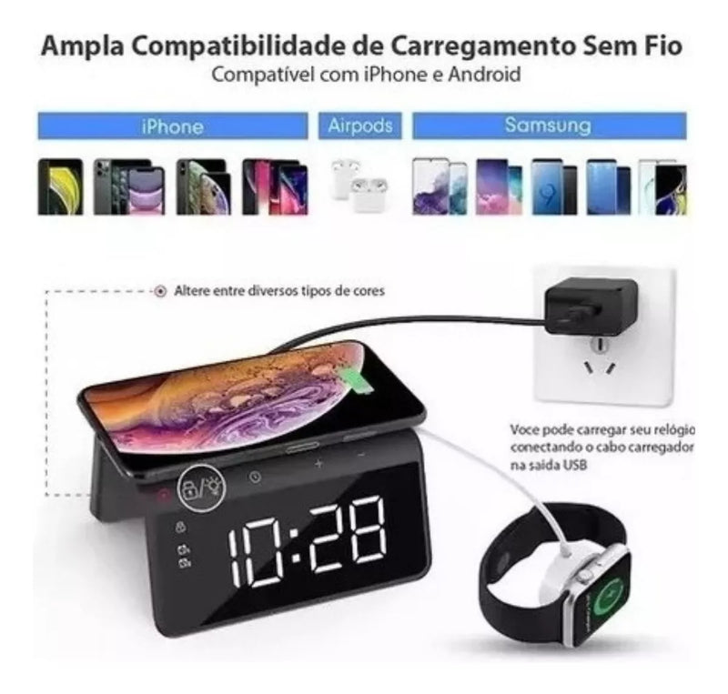 Carregador Indução + Relógio Despertador (BRANCO)